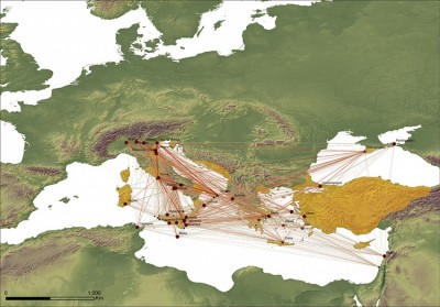 Figure 8. Affiliation network showing early medieval sites connected by edges expressing affiliations based on the co-occurrence of artefacts and the distribution of globular amphorae types in the network. The map highlights the coincidence of the network with the extension of Byzantine territory in the first half of the eighth century (in yellow; red dots indicate major sites, while stars mark the location of globular amphorae kiln sites; the thickness and tone of the edges represents the strength of affiliations) (map by P. Arthur, M. Leo Imperiale and G. Muci).